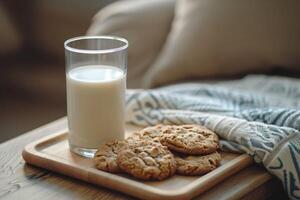 AI generated a wooden tray with cookies and a glass of milk photo