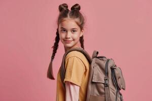 AI generated Schoolgirl with backpack isolated on solid color studio background photo