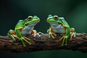 ai generado dos verde ranas en un árbol rama con oscuro antecedentes foto