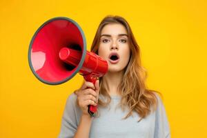 ai generado un mujer con un altoparlante habla a el multitud foto