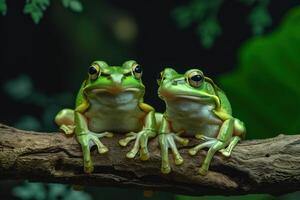 ai generado dos verde ranas en un árbol rama con oscuro antecedentes foto