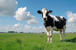 ai generado vaca en un verde campo con pasto foto