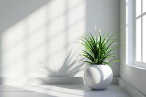 ai generado pequeño flor maceta con casa de césped en blanco piso y ventana foto