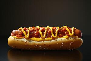 AI generated the hot dog has chili cheese on the bun photo