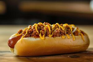 AI generated the hot dog has chili cheese on the bun photo