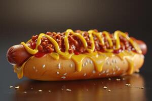 AI generated the hot dog has chili cheese on the bun photo