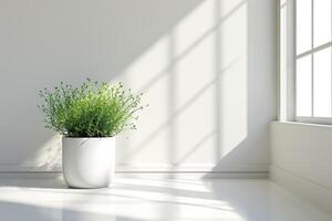 AI generated small flower pot with house of grass on white floor and window photo