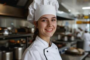 AI generated female chef in white uniform smiles at camera on kitchen photo