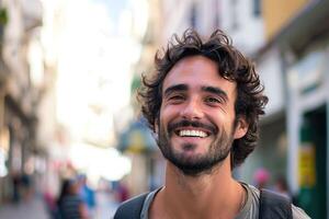 ai generado retrato de hombre sonriente en el ciudad foto