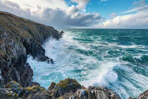 AI generated Untamed beauty of a roaring ocean against rugged coastal cliffs photo