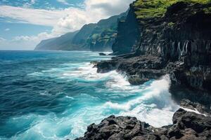 AI generated Untamed beauty of a roaring ocean against rugged coastal cliffs photo