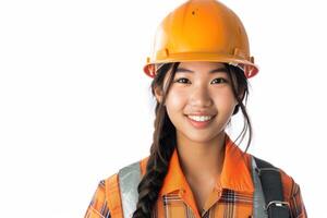 ai generado asiático mujer construcción trabajador en un blanco antecedentes sonriente foto