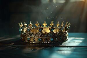 AI generated king's crown on a table with dark shadows and a light coming into it photo