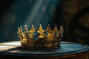 AI generated king's crown on a table with dark shadows and a light coming into it photo