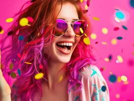AI generated young woman laughing while throwing confetti with sunglasses photo
