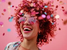 ai generado joven mujer riendo mientras lanzamiento papel picado con Gafas de sol foto