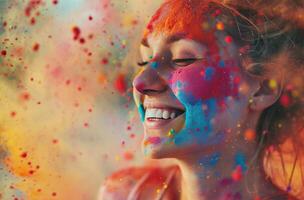 AI generated woman smiling in the colored powder in white space photo