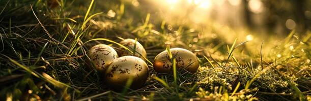 AI generated four golden eggs in the grass photo