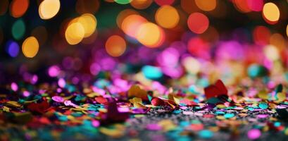 AI generated happy birthday, party, colourful confetti on a dark background photo