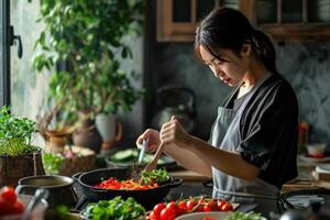 ai generado mujer poniendo Condimento en el vegetales mientras emocionante ellos foto