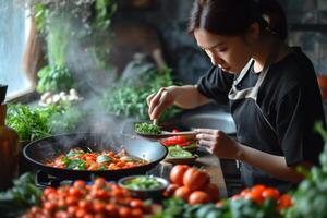 AI generated woman putting seasoning on the vegetables while stirring them photo