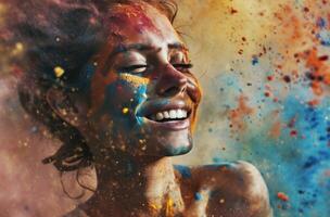 AI generated woman smiling in the colored powder in white space photo
