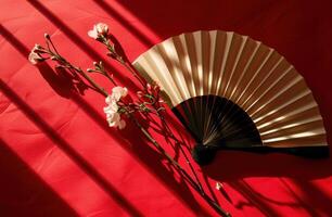 AI generated handmade paper fan with flower on a red background photo