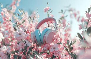 AI generated headphones over flowers in the air. photo