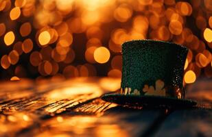 ai generado verde S t patrick's sombrero en un mesa Bokeh. foto