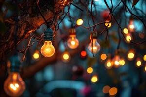 AI generated light bulbs hanging from the tree. photo
