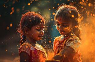 AI generated little girls dressed in colorful powder. photo