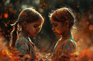 AI generated little girls dressed in colorful powder. photo
