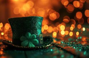 ai generado verde S t patrick's sombrero en un mesa Bokeh. foto