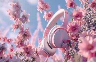 AI generated headphones over flowers in the air. photo