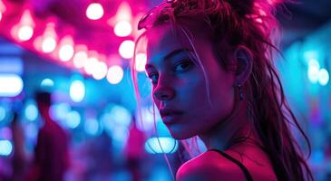 ai generado joven mujer a club en contra neón luces foto