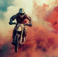 AI generated the image shows a rider going down the mountain in front of smoke photo