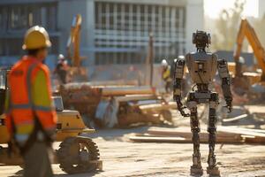 ai generado un humanoide robot en trabajador ropa, a un construcción sitio rodeado por maquinaria y estructuras foto