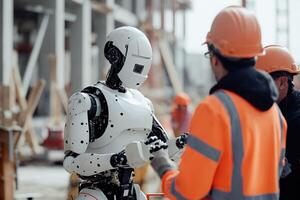 AI generated A humanoid robot in worker clothing, at a construction site Surrounded by machinery and structures. photo