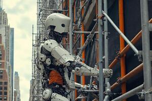 ai generado un humanoide robot en trabajador ropa, a un construcción sitio rodeado por maquinaria y estructuras foto