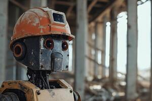 AI generated A humanoid robot in worker clothing, at a construction site Surrounded by machinery and structures. photo