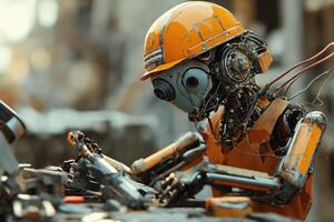 AI generated A humanoid robot in worker clothing, at a construction site Surrounded by machinery and structures. photo