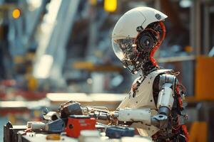 AI generated A humanoid robot in worker clothing, at a construction site Surrounded by machinery and structures. photo