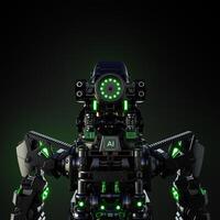 futurista ai robot con verde luces posando en contra un oscuro fondo, 3d representación. foto