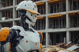 ai generado un humanoide robot en trabajador ropa, a un construcción sitio rodeado por maquinaria y estructuras foto