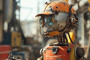 AI generated A humanoid robot in worker clothing, at a construction site Surrounded by machinery and structures. photo