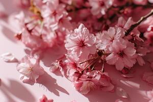 AI generated the cherry blossoms on pink background with flat lay photo