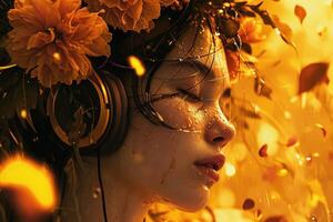 AI generated the girl with flowers on her head is listening to music photo