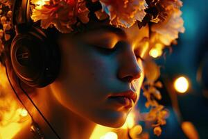 ai generado el niña con flores en su cabeza es escuchando a música foto