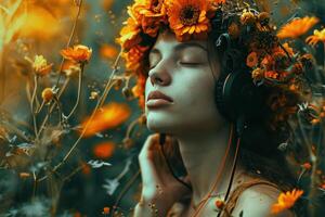 AI generated the girl with flowers on her head is listening to music photo