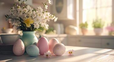 ai generado algunos vistoso Pascua de Resurrección huevos y flores son arreglado en un cocina foto